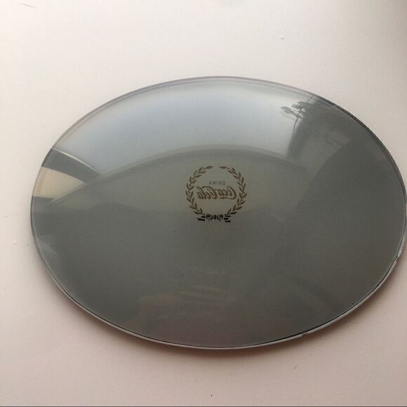 Drink Coca Cola Gold Laurel Wreath Bow Oval Smokey Glass Plate Dish FLAWED - Picture 9 of 13